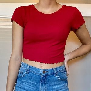 a red, lettuce leaf edge, cropped tee